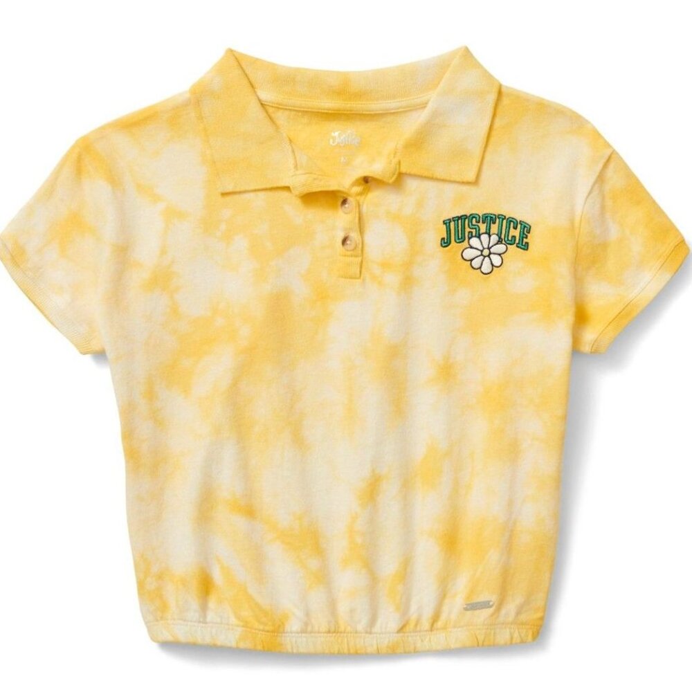 JUSTICE Girl's M Polo Tie-Dye Yellow Cinch Bottom Shirt SIZE 10 NEW